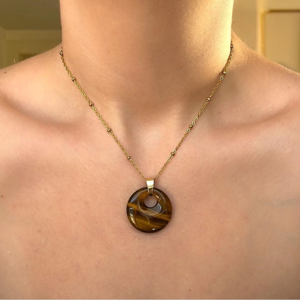 Gold-tone Large Tiger Stone Pendant Necklace